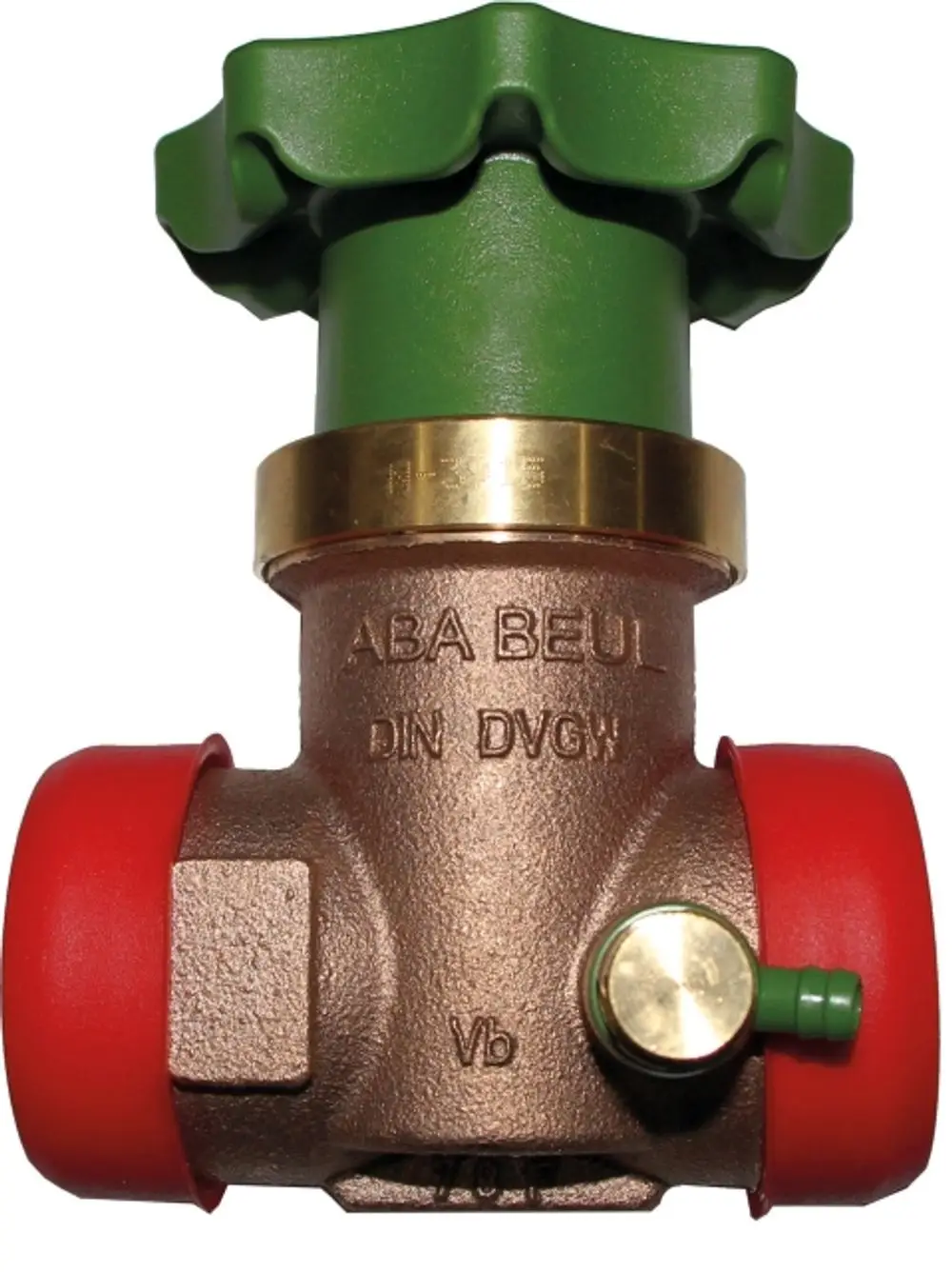Kolbenventil mit grünem Handrad und roten Anschlüssen, gefertigt aus Bronze, sichtbar beschriftet mit „ABA BEUL“ und DVGW-Zulassung. Produkt von Wolf.